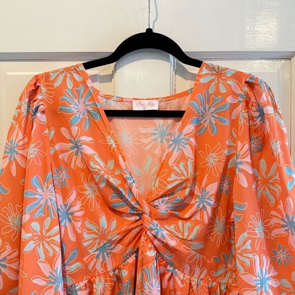 Pink Lily Morning Mimosas Tiered Floral Mini Dress Orange Blue Pink Medium - Picture 3 of 9